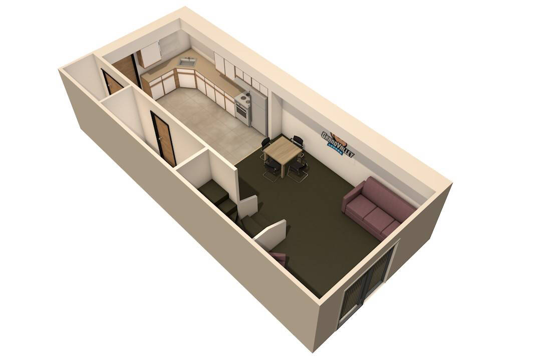 1st floor style of Laker Village 2 bedroom apartment with a kitchen, living area, and closet.